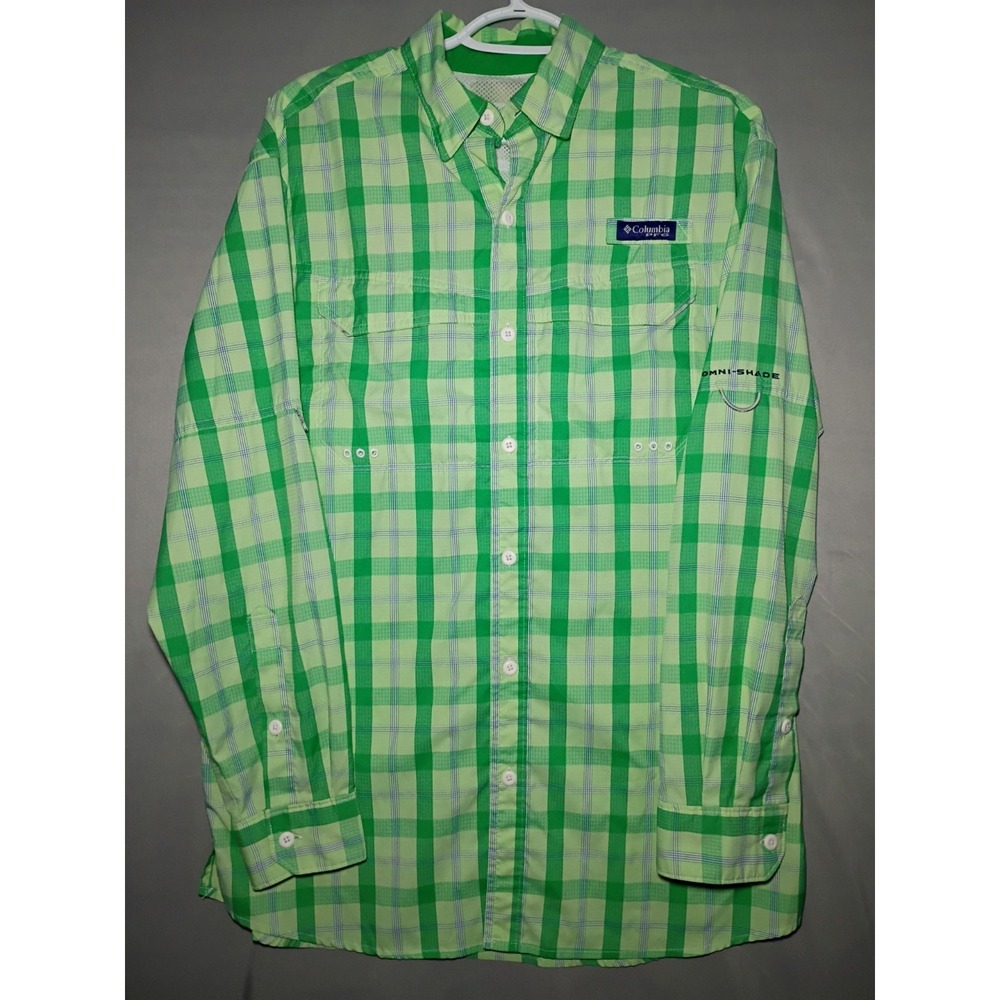 Columbia Super Bonehead Shirt Mens M Green Plaid Long Sleeve Fishing Camp Hiking